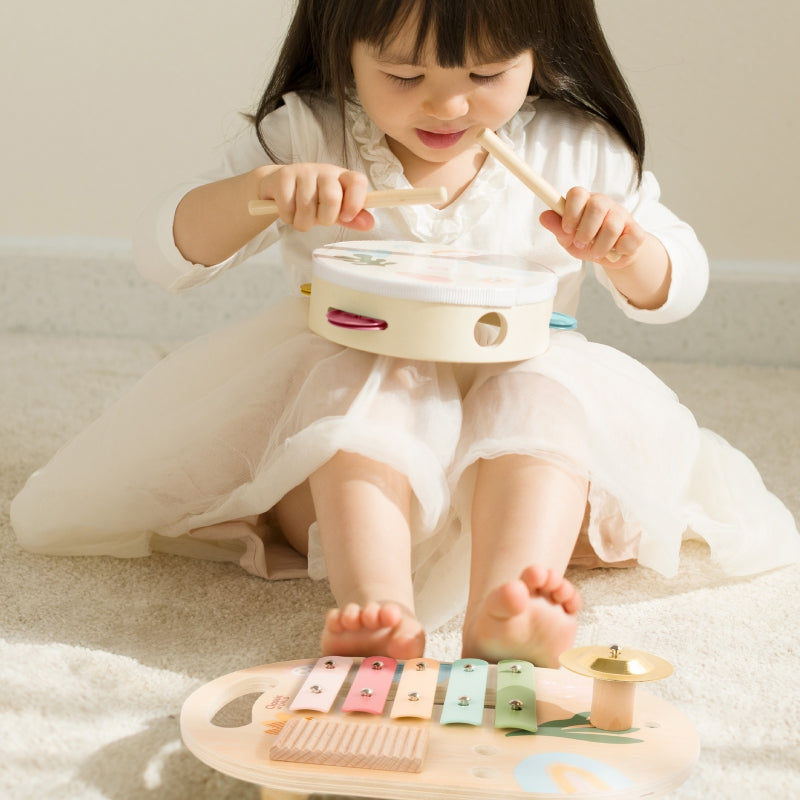 CLASSIC WORLD Houten Muziekinstrumenten voor Kinderen: XYlofoon, Trommel, Rammelaar 5 stuks