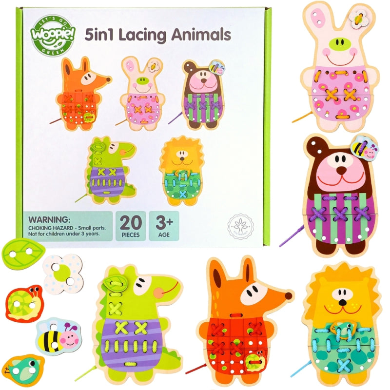 WOOPIE GREEN 5-in-1  Houten Rijgspel -Dieren Rijgen Set - (Engelstalig)