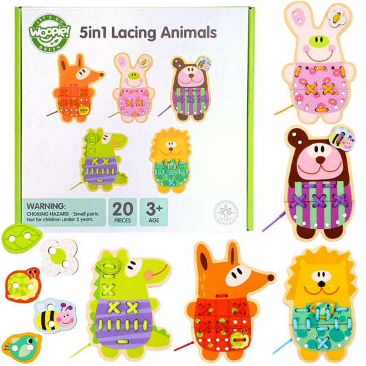 WOOPIE GREEN 5-in-1  Houten Rijgspel -Dieren Rijgen Set - (Engelstalig)
