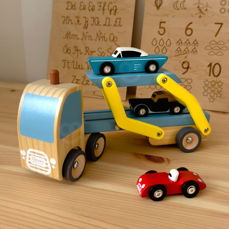 CLASSIC WORLD Houten Wegtransportwagen set met 3 auto’s, thema Wegenwacht