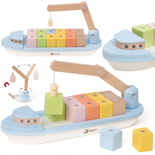 CLASSIC WORLD Houten Blokken Vrachtschip - 13 stuks