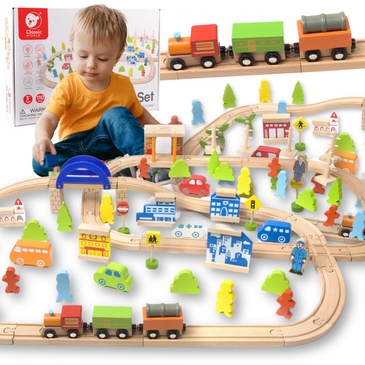 CLASSIC WORLD Houten Treinset met Spoorbaan + Figuren 110 stuks