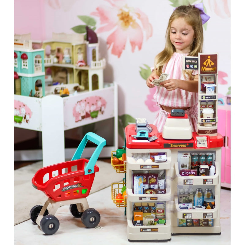WOOPIE Speelgoed Supermarkt Speelwinkel met Winkelwagentje, Weegschaal, Kassa, Scanner + 48 Accessoires