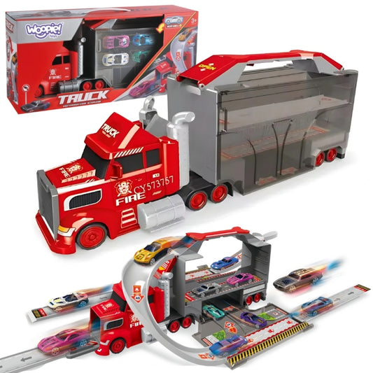 WOOPIE Speelgoed Vrachtwagen Set – Autotransporter, Garage & Racebaan