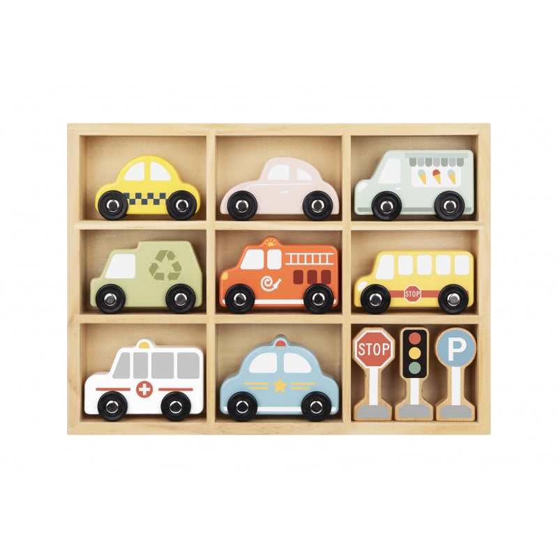 TOOKY TOY Set van Houten Voertuigen en Verkeersborden in houten standaard