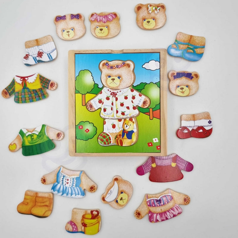 VIGA Houten Logische kinder Puzzel – Kleed de Beer en het Meisje aan