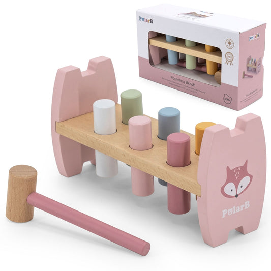 VIGA PolarB Houten Hammertje Spel roze met vosje voor Baby's