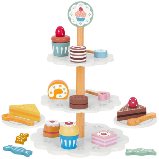 TOOKY TOY Houten Taartstandaard met Gebak en Accessoires - Creatieve Rollenspelset voor Kinderen
