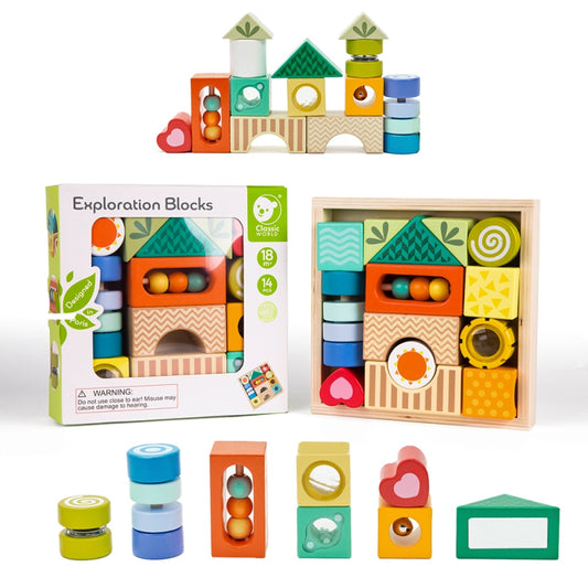 CLASSIC WORLD Houten Sensorische Blokken 7 Functies, 14 stuks - Multifunctionele Puzzel