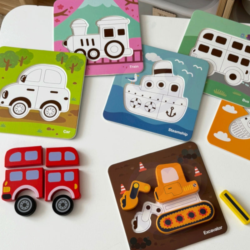 WOOPIE GREEN Houten Puzzel Voertuigen - Auto, Bus, Boot en meer -  Montessori speelgoed