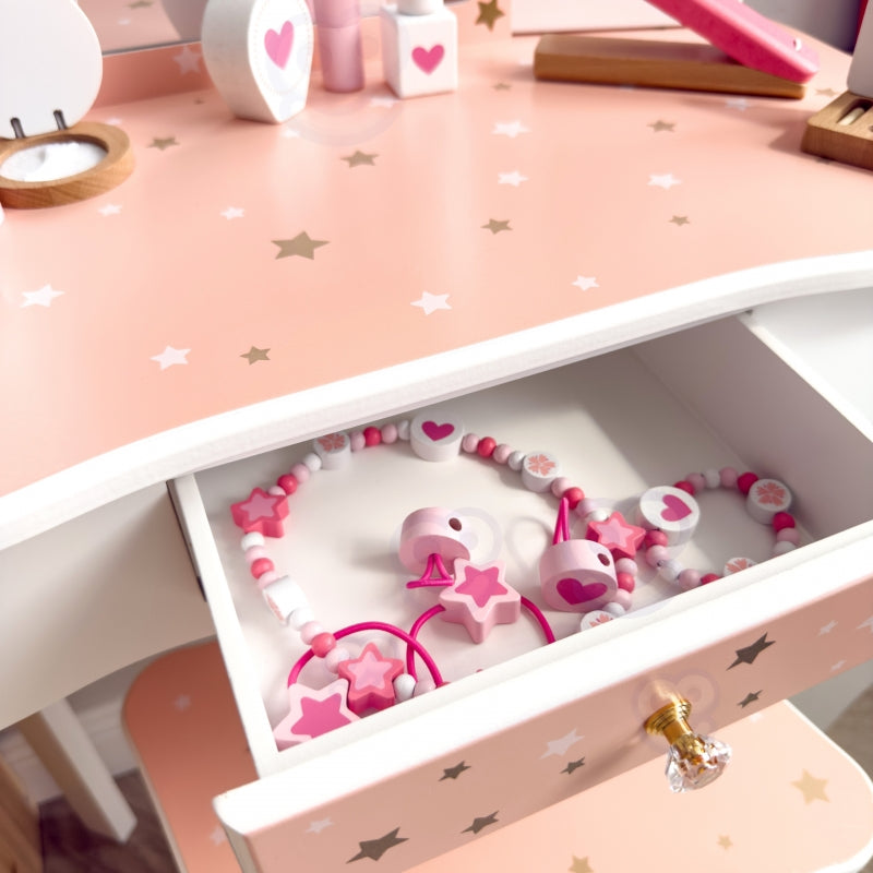 TOOKY TOY Houten Make up tafel met stoel, opvouwbare spiegel, accessoires 15 stuks