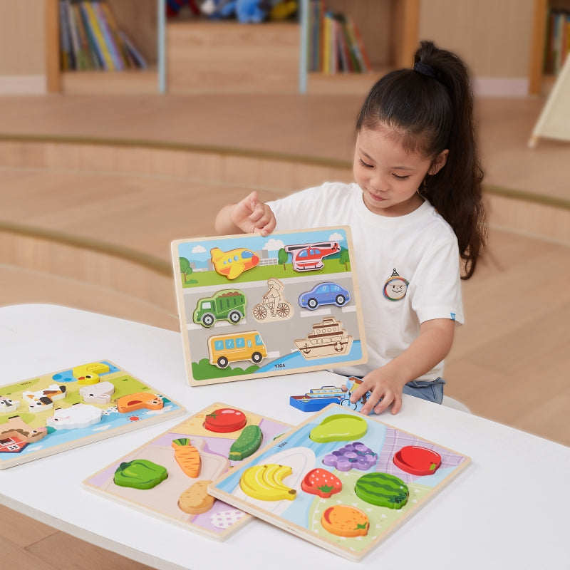 VIGA Houten 2in1 Voertuigen Puzzel