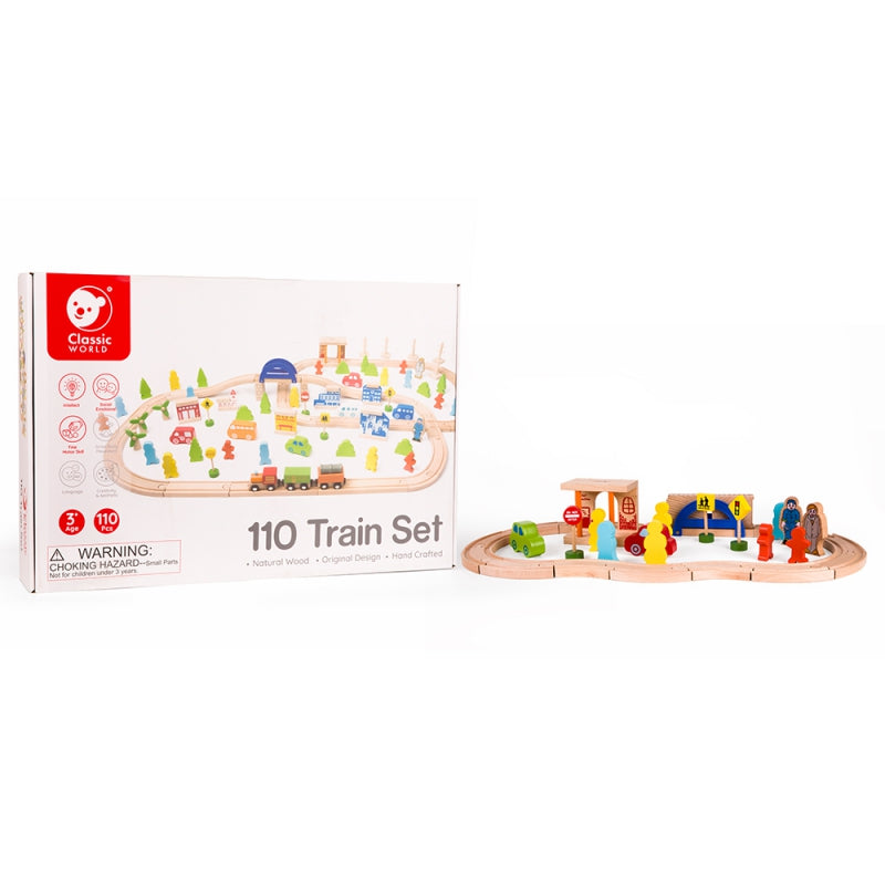 CLASSIC WORLD Houten Treinset met Spoorbaan + Figuren 110 stuks