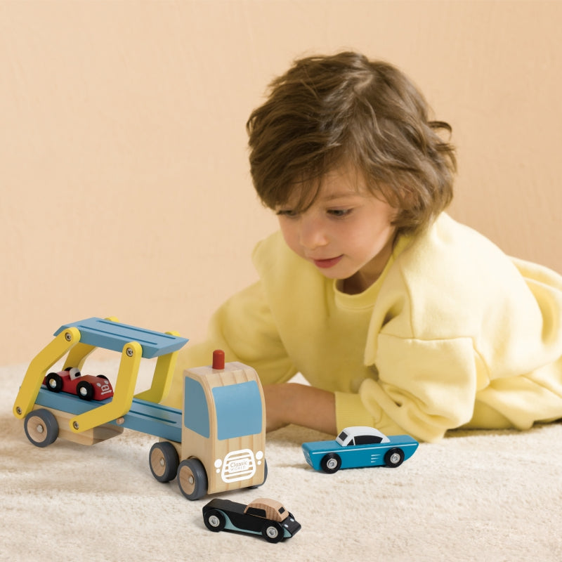 CLASSIC WORLD Houten Wegtransportwagen set met 3 auto’s, thema Wegenwacht