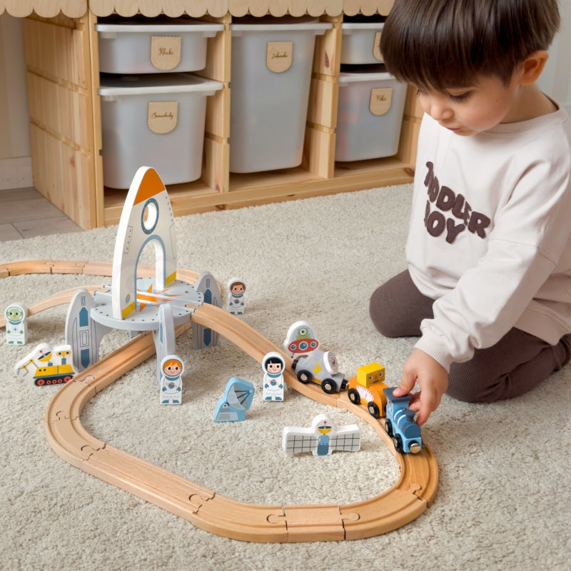 TOOKY TOY Houten Trein Set met Rails met thema Ruimte