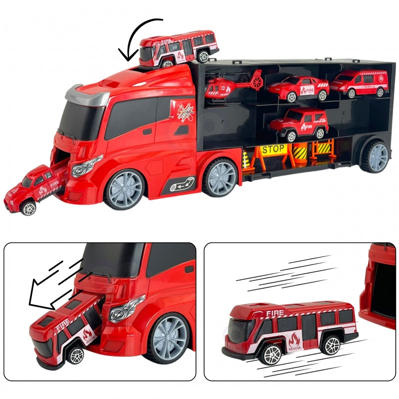 WOOPIE Rode Vrachtwagen met model auto's en een helikopter, 11 stuks - Brandweer