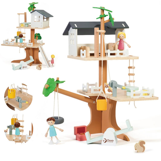 CLASSIC WORLD Houten speelgoed boomhut voor poppen - 31 stuks