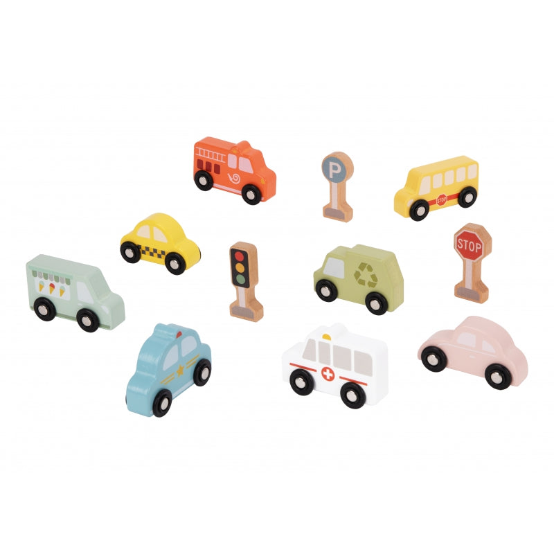 TOOKY TOY Set van Houten Voertuigen en Verkeersborden in houten standaard