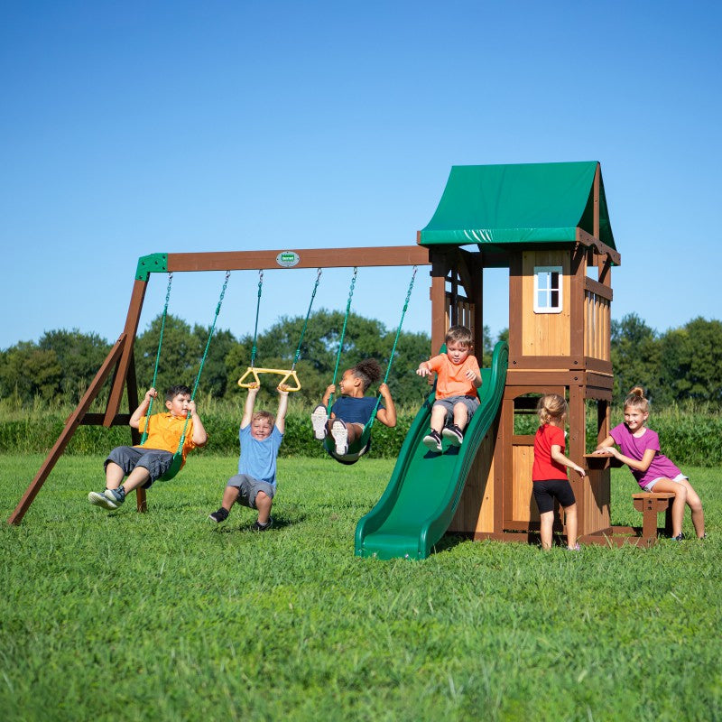 BACKYARD DISCOVERY Houten Speeltoestel Lakewood – Schommels, Glijbaan en Speelhuisje