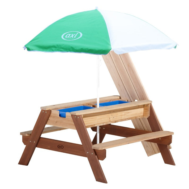 AXI Picknicktafel met Bankje, Parasol en Water-/Zandbakken