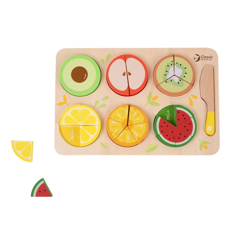 CLASSIC WORLD Houten Fruit om te Snijden met Klittenband + Breuken en Delen Leren 23 stuks