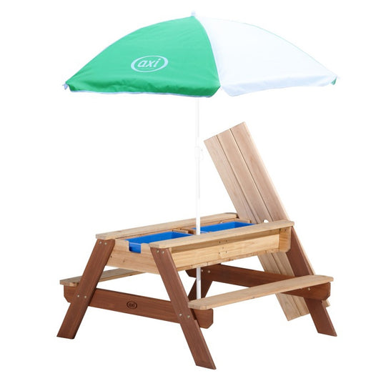 AXI Picknicktafel met Bankje, Parasol en Water-/Zandbakken