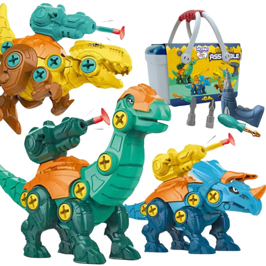WOOPIE Dino Constructieset – 3 Dinosaurussen om te Monteren met Boormachine en Schroevendraaier in Doos