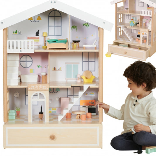 CLASSIC WORLD Groot Houten Poppenhuis van Natuurlijk Hout - 28 stuks