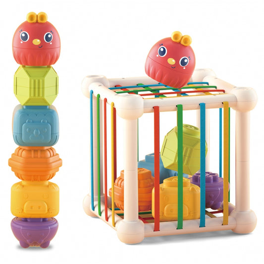 WOOPIE BABY Flexibele Sensorische Kubus - Sorteer dieren + Rammelaar 7 stuks