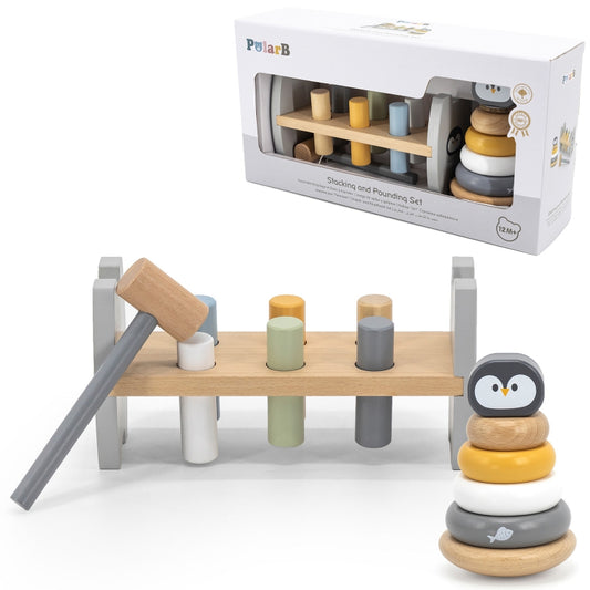 VIGA PolarB Houten Stapeltoren + Sla-Spel met Hamertje – Pinguïn Montessori Set