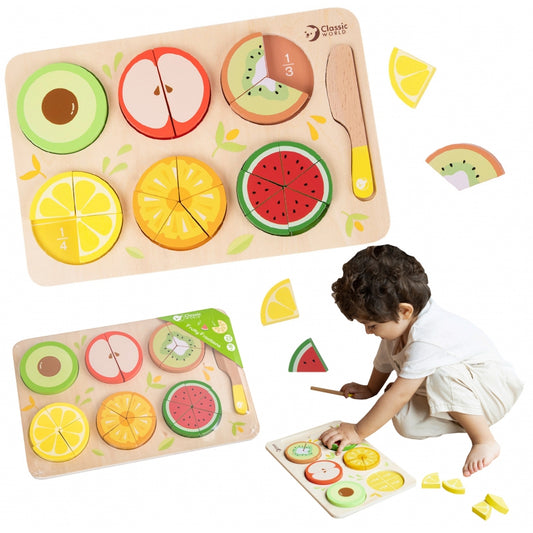 CLASSIC WORLD Houten Fruit om te Snijden met Klittenband + Breuken en Delen Leren 23 stuks