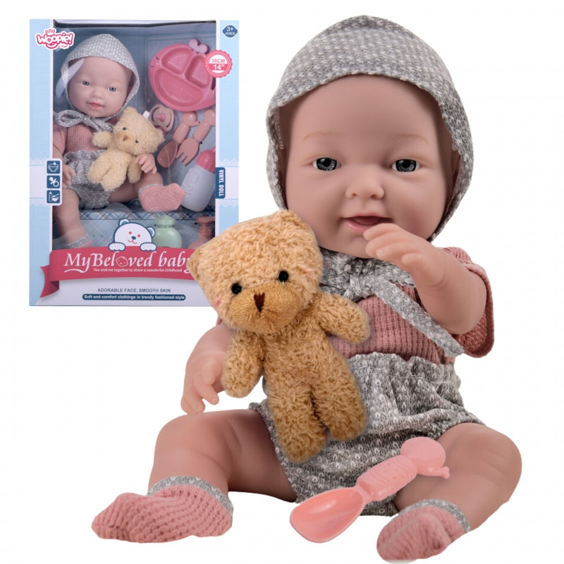 WOOPIE Baby pop 36 cm in kleding met Teddy Beer en eet Accessoires