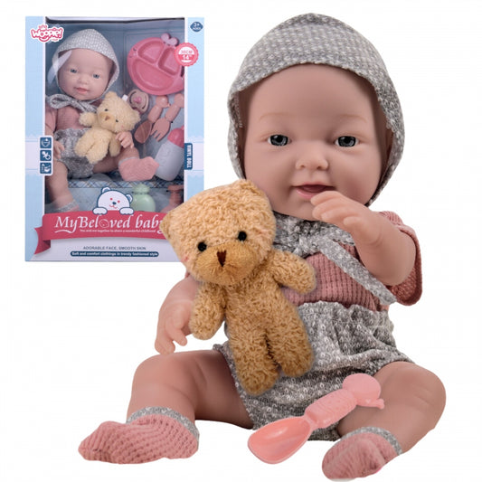 WOOPIE Baby pop 36 cm in kleding met Teddy Beer en eet Accessoires