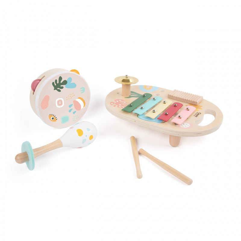 CLASSIC WORLD Houten Muziekinstrumenten voor Kinderen: XYlofoon, Trommel, Rammelaar 5 stuks
