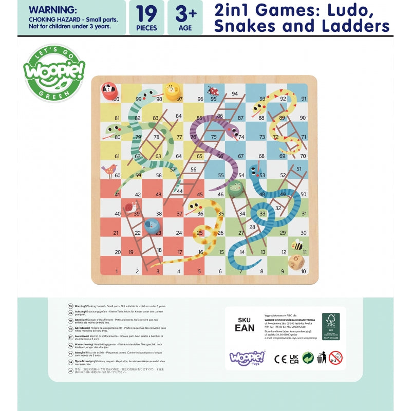 WOOPIE GREEN 2-in-1  houten bordspel - Mens-erger-je-niet + Slangen en Ladders