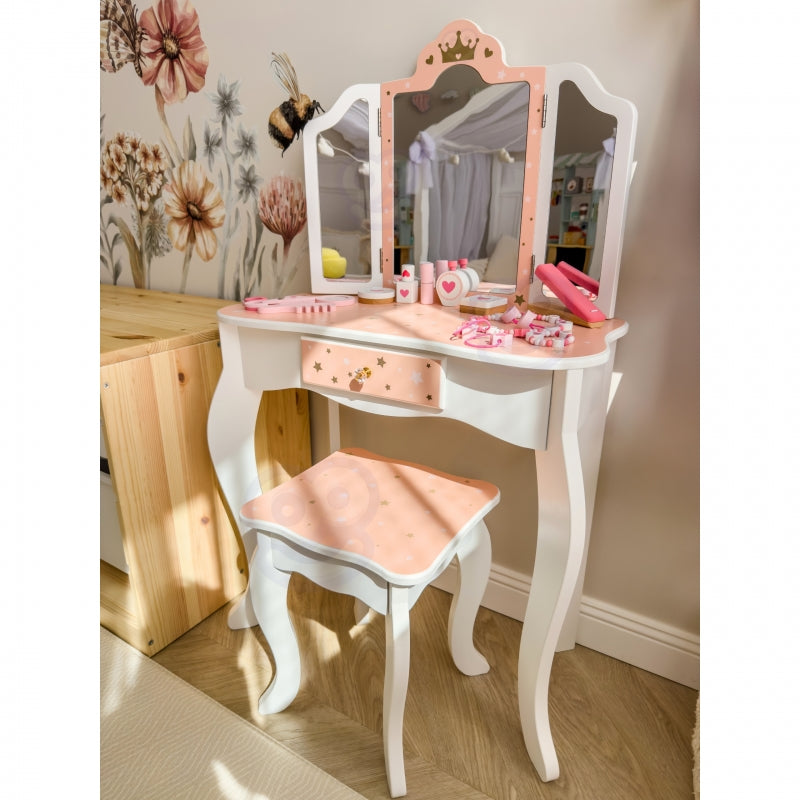 TOOKY TOY Houten Make up tafel met stoel, opvouwbare spiegel, accessoires 15 stuks