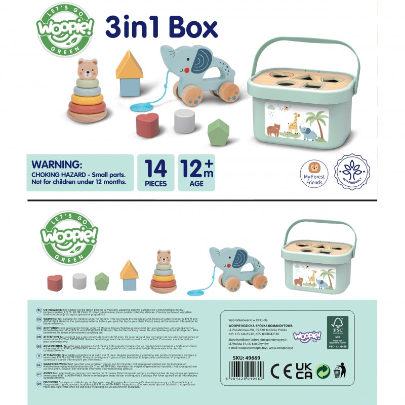 WOOPIE GREEN Pudełko Sorter Box 3w1 Klocki Piramidka Słonik FSC