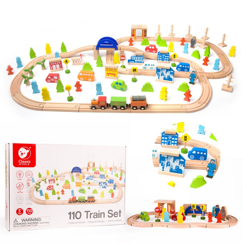 CLASSIC WORLD Houten Treinset met Spoorbaan + Figuren 110 stuks