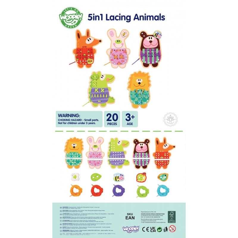 WOOPIE GREEN 5-in-1  Houten Rijgspel -Dieren Rijgen Set - (Engelstalig)