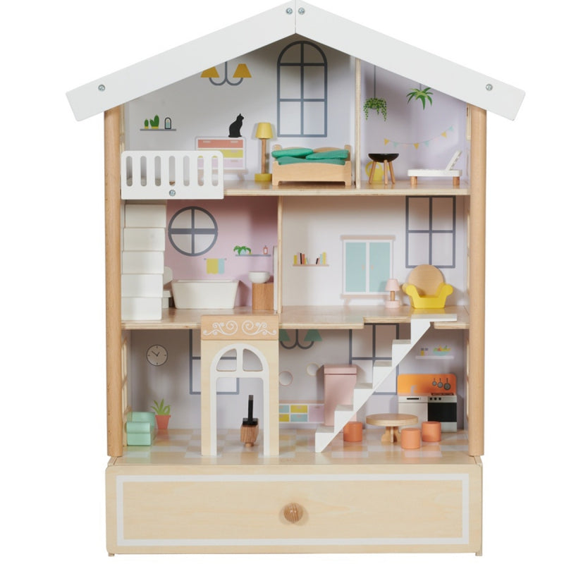 CLASSIC WORLD Groot Houten Poppenhuis van Natuurlijk Hout - 28 stuks