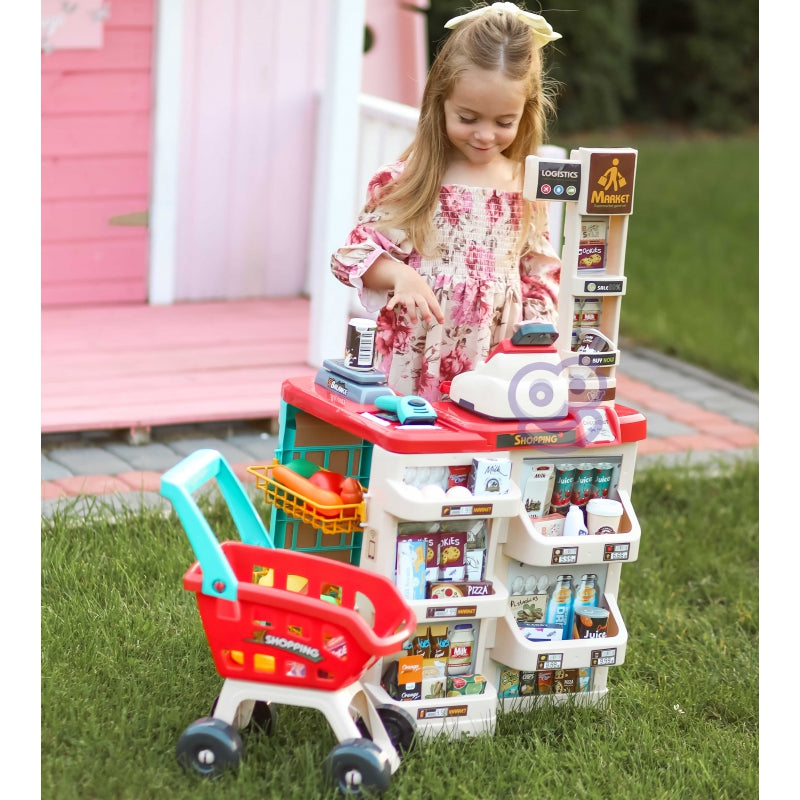 WOOPIE Speelgoed Supermarkt Speelwinkel met Winkelwagentje, Weegschaal, Kassa, Scanner + 48 Accessoires