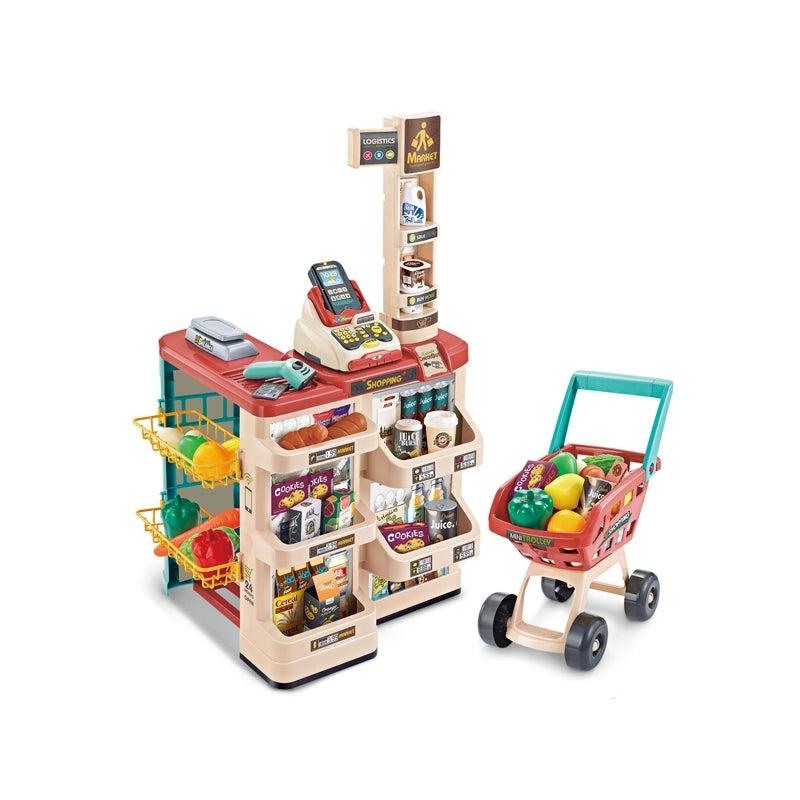 WOOPIE Speelgoed Supermarkt Speelwinkel met Winkelwagentje, Weegschaal, Kassa, Scanner + 48 Accessoires