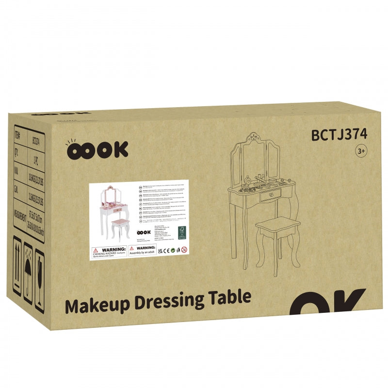 TOOKY TOY Houten Make up tafel met stoel, opvouwbare spiegel, accessoires 15 stuks