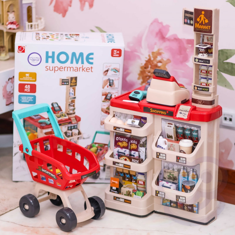 WOOPIE Speelgoed Supermarkt Speelwinkel met Winkelwagentje, Weegschaal, Kassa, Scanner + 48 Accessoires