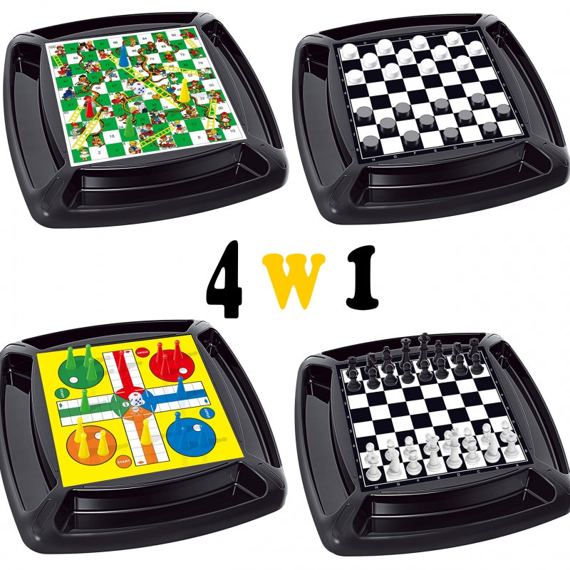 WOOPIE 4-in-1 Bordspellen Set: Dammen, Schaken, Mens-erger-je-niet, Slangen en Ladders