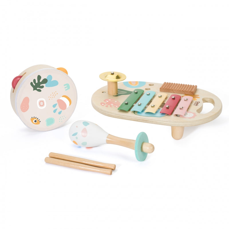 CLASSIC WORLD Houten Muziekinstrumenten voor Kinderen: XYlofoon, Trommel, Rammelaar 5 stuks