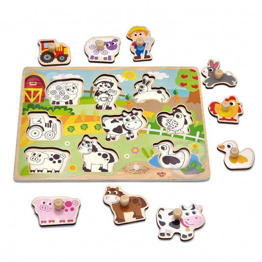 WOOPIE GREEN Houten Montessori Puzzels Boerderij met Speldjes om te Sorteren