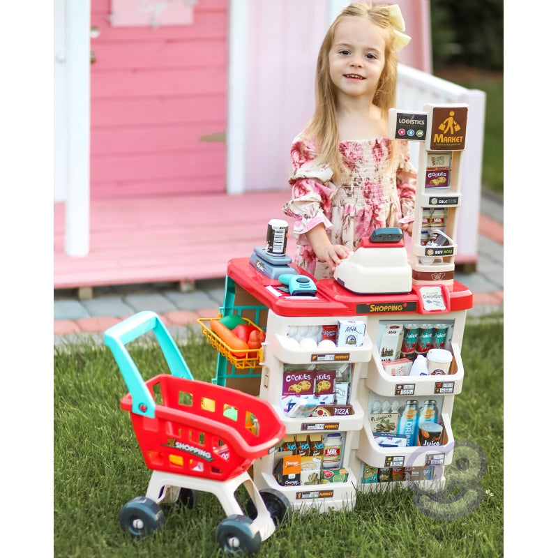 WOOPIE Speelgoed Supermarkt Speelwinkel met Winkelwagentje, Weegschaal, Kassa, Scanner + 48 Accessoires