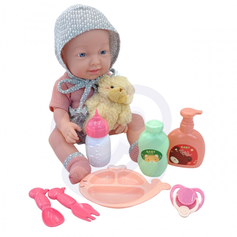 WOOPIE Baby pop 36 cm in kleding met Teddy Beer en eet Accessoires