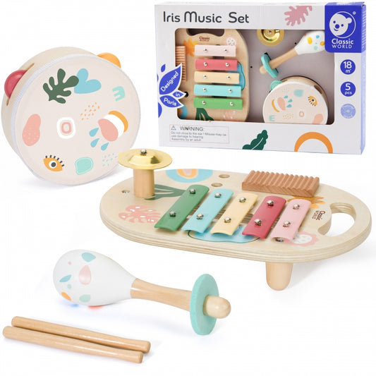 CLASSIC WORLD Houten Muziekinstrumenten voor Kinderen: XYlofoon, Trommel, Rammelaar 5 stuks